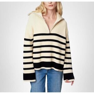 BLANKNYC Striped Half Zip Sweater Cream Black Ribbed Collar Size L Chunky